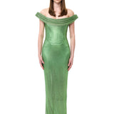 Green Crystal-Embellished Mesh Cowl-Neckline Dress