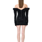 Black Crystal-Embellished Mesh Cowl-Neckline Mini Dress with Sleeves