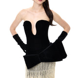 Black Velvet Corset Gown With Pearl Fringes And Bow Detail