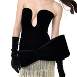 Black Velvet Corset Gown With Pearl Fringes And Bow Detail