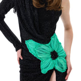 One-Shouldered Black Crystal-Embellished Mesh Dress With Organza Flower Detail