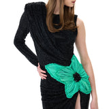 One-Shouldered Black Crystal-Embellished Mesh Dress With Organza Flower Detail