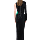 One-Shouldered Black Crystal-Embellished Mesh Dress With Organza Flower Detail