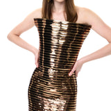 Gold Copper Leather Laser Cut Stripe Detailed Sculptural Corset Maxi Dress
