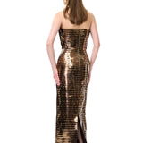 Gold Copper Leather Laser Cut Stripe Detailed Sculptural Corset Maxi Dress
