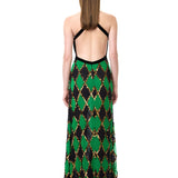 Green & Black Diamond-Print Chiffon Halter Neck Dress With Copper Sequins