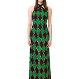 Green & Black Diamond-Print Chiffon Halter Neck Dress With Copper Sequins
