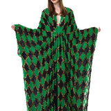 Green & Black Diamond-Print Chiffon Dress With Copper Sequins And Batwing Sleeves