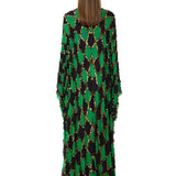 Green & Black Diamond-Print Chiffon Dress With Copper Sequins And Batwing Sleeves