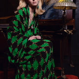 Green & Black Diamond-Print Chiffon Dress With Copper Sequins And Batwing Sleeves