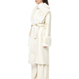 Cream Leather Fur Coat With Fur Trim And Zip Belt