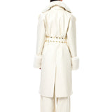 Cream Leather Fur Coat With Fur Trim And Zip Belt