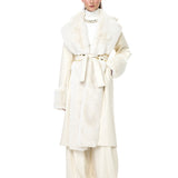 Cream Leather Fur Coat With Fur Trim And Zip Belt