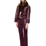 Burgundy Suede Pants With Leather Details And Gold Accessories