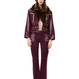 Burgundy Suede Pants With Leather Details And Gold Accessories
