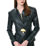 Khaki Leather Jacket With Gold Metallic Button