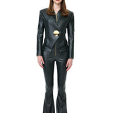 Khaki Leather Jacket With Gold Metallic Button