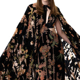 Black Velvet Cape With Chiffon Print And Beaded Buttons