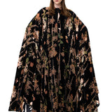 Black Velvet Cape With Chiffon Print And Beaded Buttons