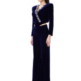 Navy Velvet Jacket With Blue Crystal-Embellished Collar