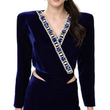 Navy Velvet Jacket With Blue Crystal-Embellished Collar