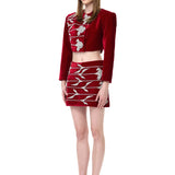 Red Velvet Skirt With Crystal Flower Embroidery