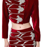 Red Velvet Double-Breasted Jacket With Crystal Flower Embroidery