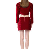Red Velvet Skirt With Crystal Flower Embroidery