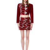 Red Velvet Skirt With Crystal Flower Embroidery
