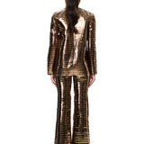 Gold Copper Leather Laser Cut Stripe Detailed Blazer