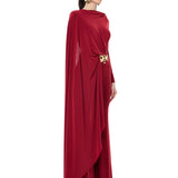 Brick Jersey One Shouldered Cape Detailed Jumpsuit With Gold Byzantine Belt