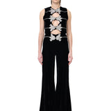 Black Velvet Jumpsuit With Crystal Floral Embroidery Décolleté