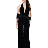 Black Velvet V-Neck Jumpsuit With Crystal Mesh Bow Detail