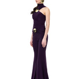 Plum Jersey Flared Pants With Gold Metallic Button