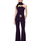 Plum Jersey Flared Pants With Gold Metallic Button