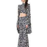 Zebra Knitted Top With Draped Ruched Sleeves