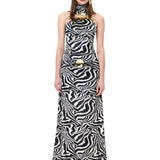 Zebra Knitted Long Skirt With Gold Metallic Button