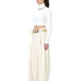 Cream Knit Turtleneck Top With Crystal Necklace Detail