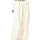 Cream Leather Wide Leg Pants