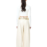 Cream Knit Turtleneck Top With Crystal Necklace Detail