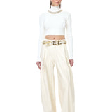 Cream Knit Turtleneck Top With Crystal Necklace Detail
