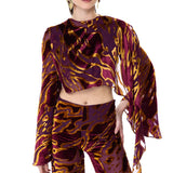 Velvet Chiffon-Printed Shawl-Style Top