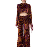 Velvet Chiffon-Printed Shawl-Style Top