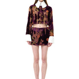 Burgundy Velvet Mini Skirt With Chiffon Print