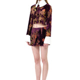 Burgundy Velvet Mini Skirt With Chiffon Print