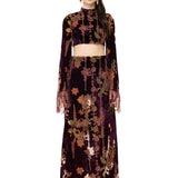 Burgundy Velvet Long Skirt With Chiffon Print