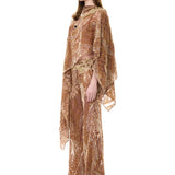 Beige Velvet Flare Pants With Chiffon Print