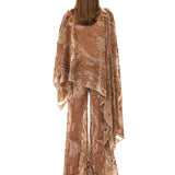 Beige Velvet Flare Pants With Chiffon Print