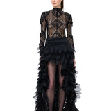 Organza Laser-Cut Skirt, High-Low Hemline