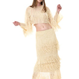 Pearl Hand-Embroidered Fringed Midi Skirt